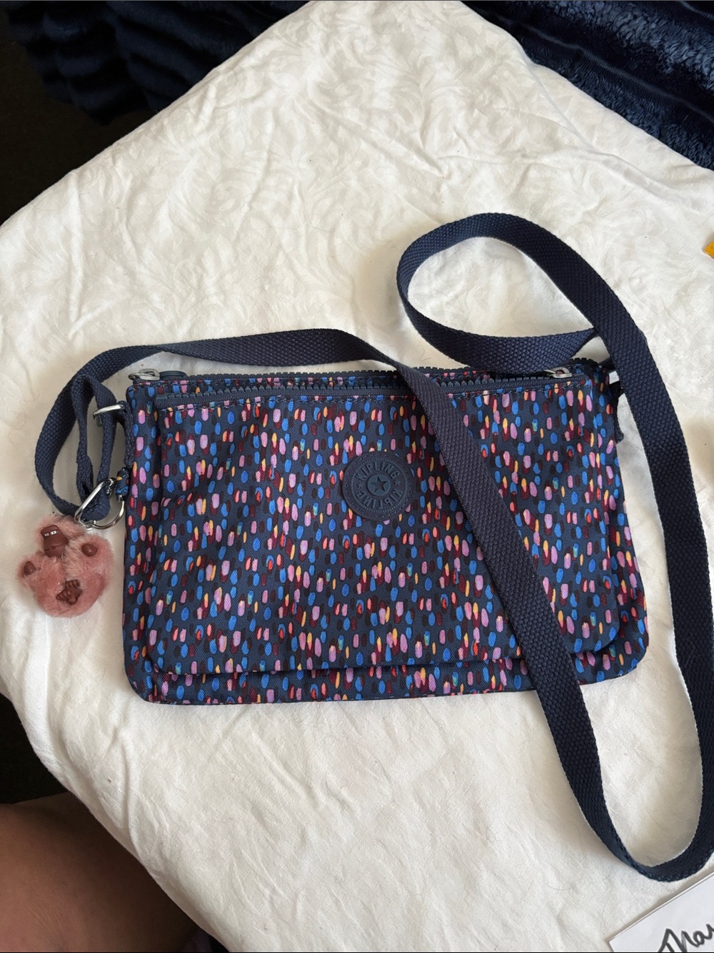 Kipling Navy Multi-Color Dot Crossbody with Pink Pom